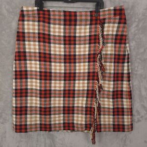 Talbots Midi Skirt Size 20W Plaid Wool Blend Faux Wrap Fringed Check Whimsical